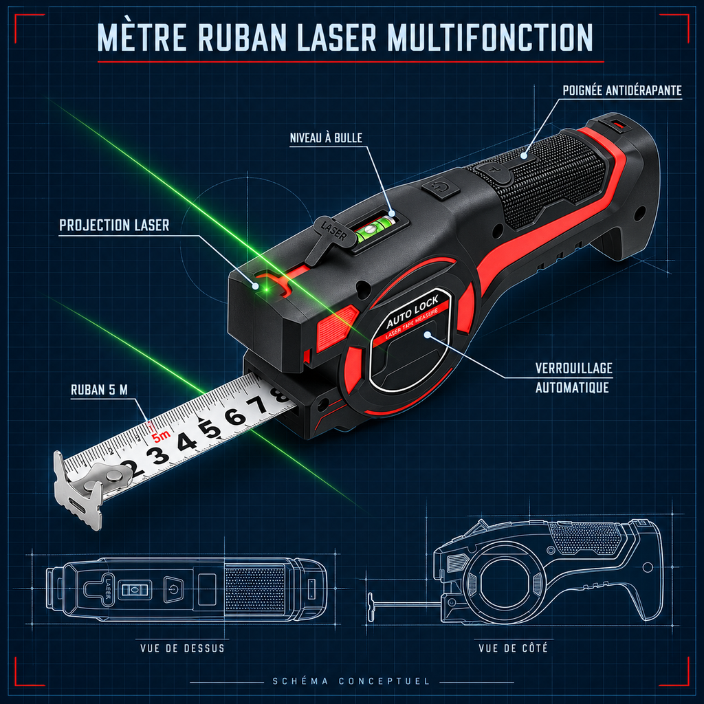 Mètre ruban laser multifonctions 5 m avec niveau à bulle